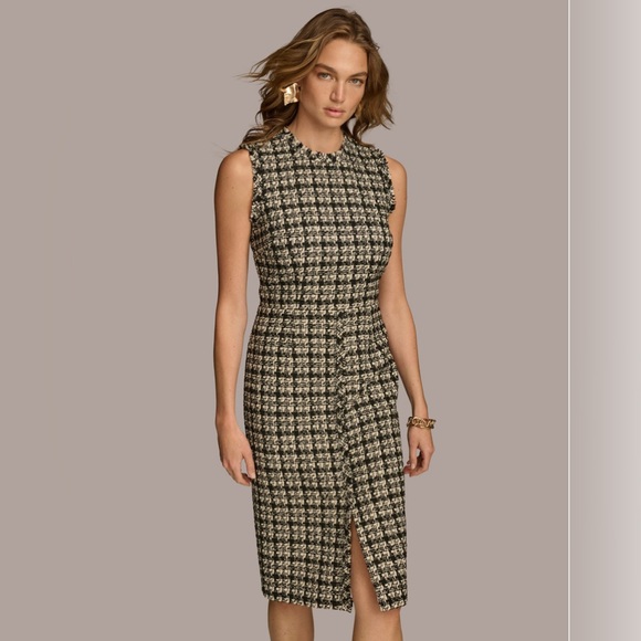 Donna Karan Black Plaid Tweed Sheath Dress Sleeveless Fringed. Size 10 NWT - Picture 2 of 6